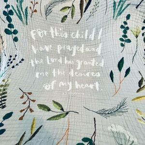 Fawnly “For This Child I Have Prayed” Deluxe bamboo cotton/Muslin quilt. 47”x47”